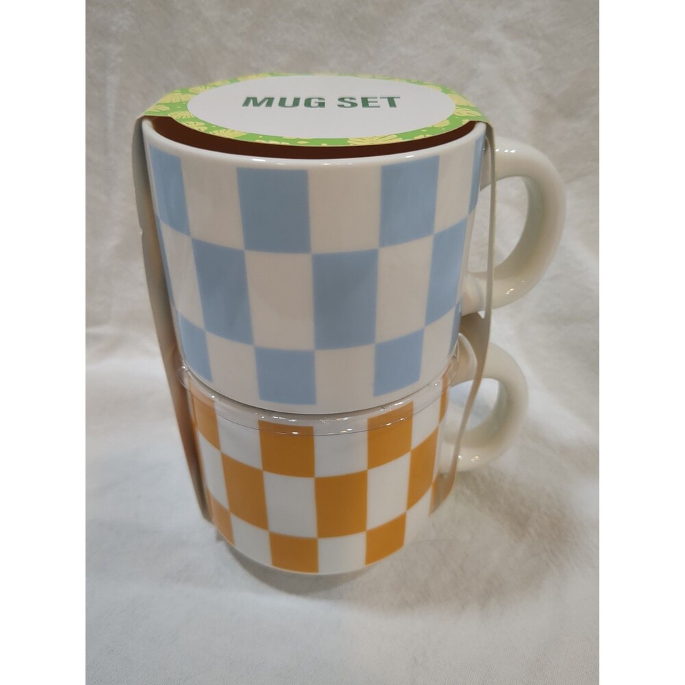 New set of two checkered coffee cups fall winter cocoa tea coffee orange blue